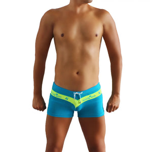 Icker sea logo stripe boxer brief underwear blue green with bright blue fabric neon yellow waistband and white drawstring