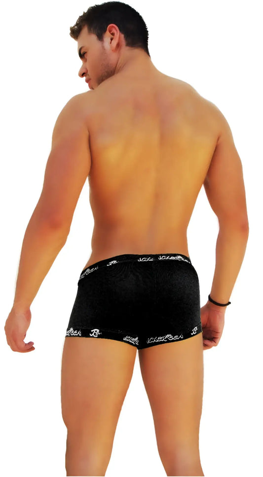 Icker Sea black velvet boxer brief underwear with white embroidered logo trim on waistband and leg openings