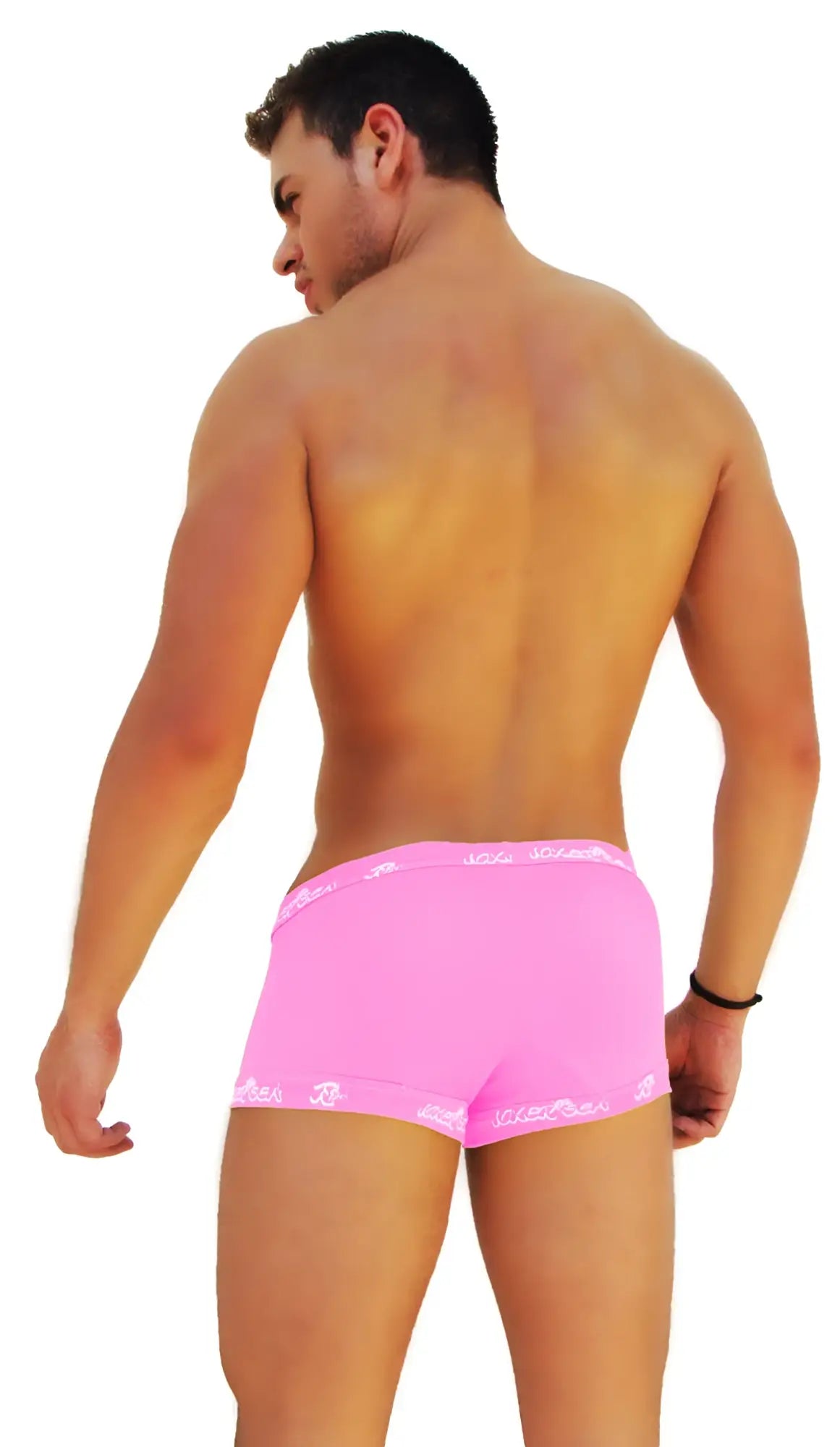 Bright pink icker sea logo trim boxer brief underwear with white logo trim along waistband and leg openings