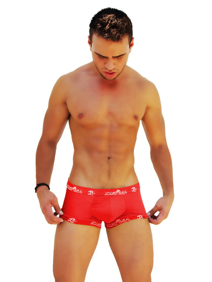 Red boxer briefs with white r logo trim from icker sea designed for comfortable everyday wear