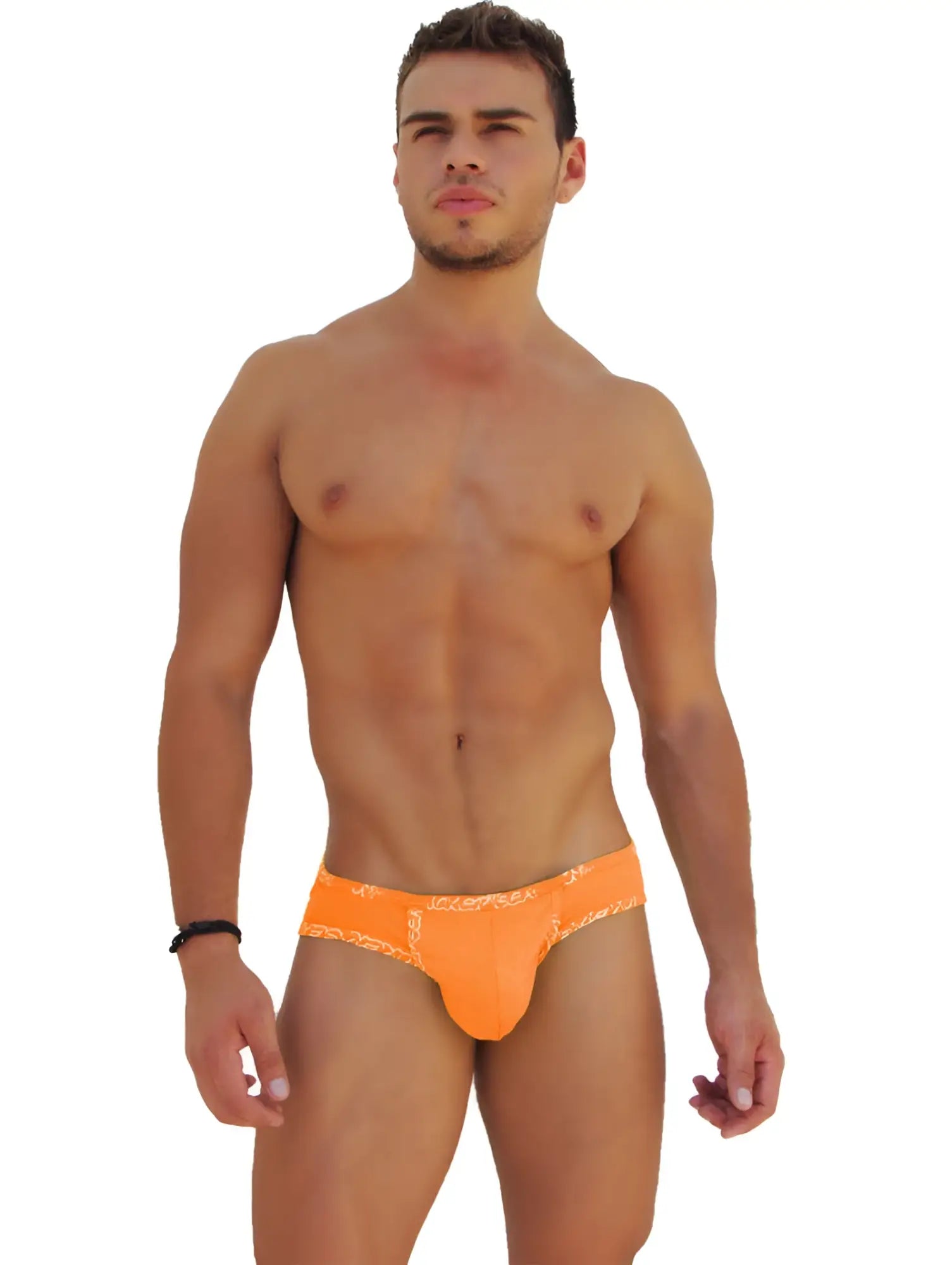 Bright orange Icker Sea Logo Trim Kiss My Ass brief underwear with decorative lace trim along the waistband