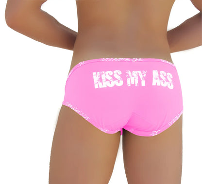 Bright pink icker sea logo trim kiss my ass brief underwear showing back with bold white text across the back