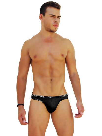 Black icker sea logo trim kiss my ass slip bikini underwear with white logo pattern on waistband front view