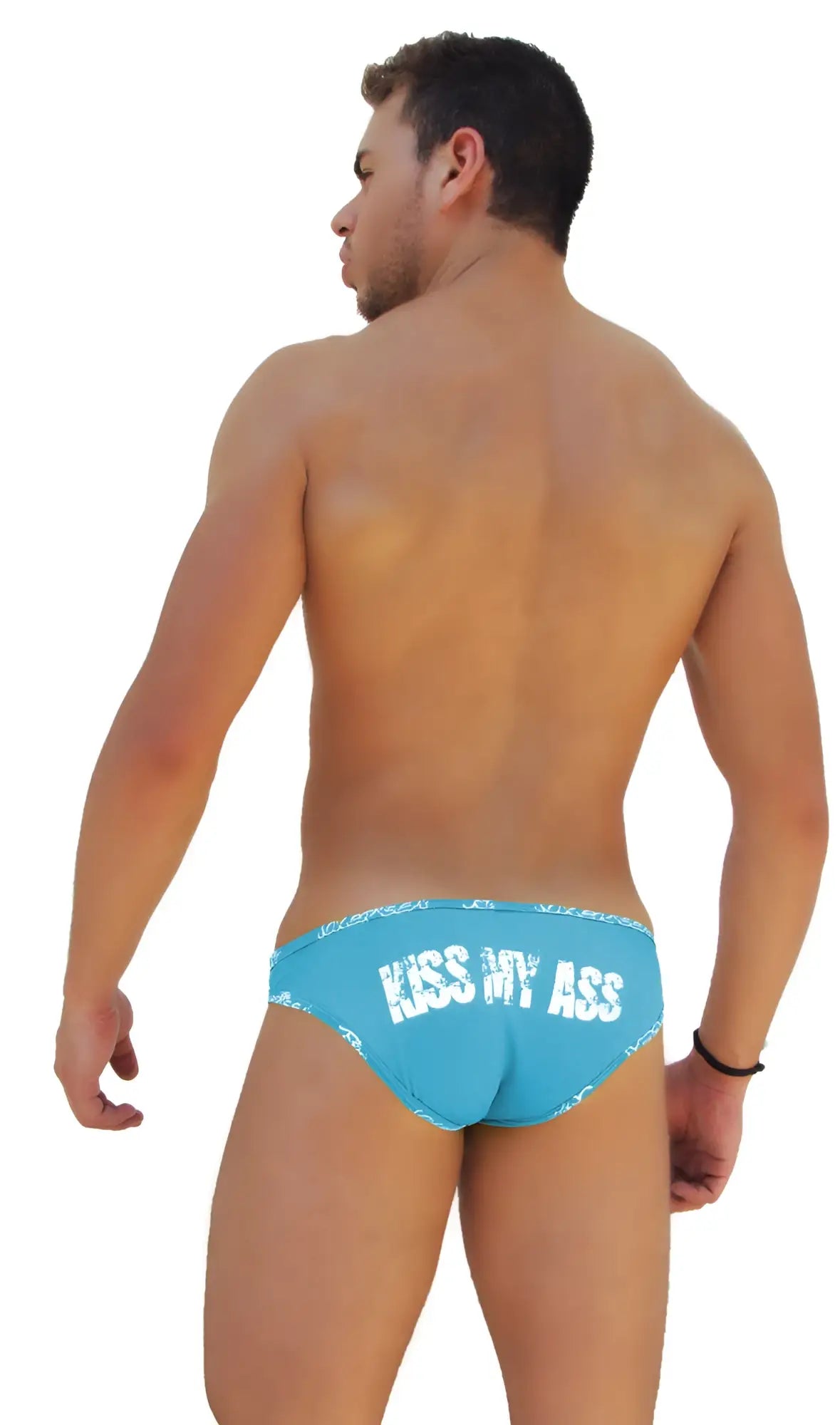 Bright blue icker sea bikini underwear with kiss my ass text on the back for a bold swimwear statement