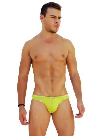 Icker Sea logo trim kiss my ass slip bikini underwear in bright lime green with a subtle white patterned waistband