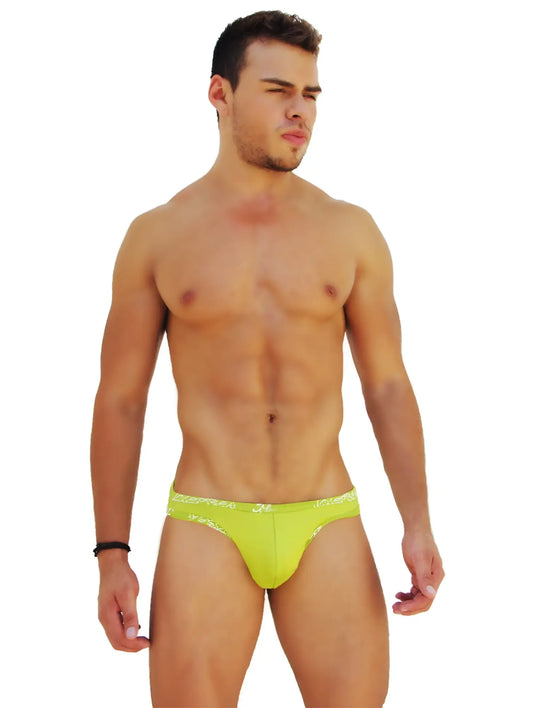 Icker Sea logo trim kiss my ass slip bikini underwear in bright lime green with a subtle white patterned waistband