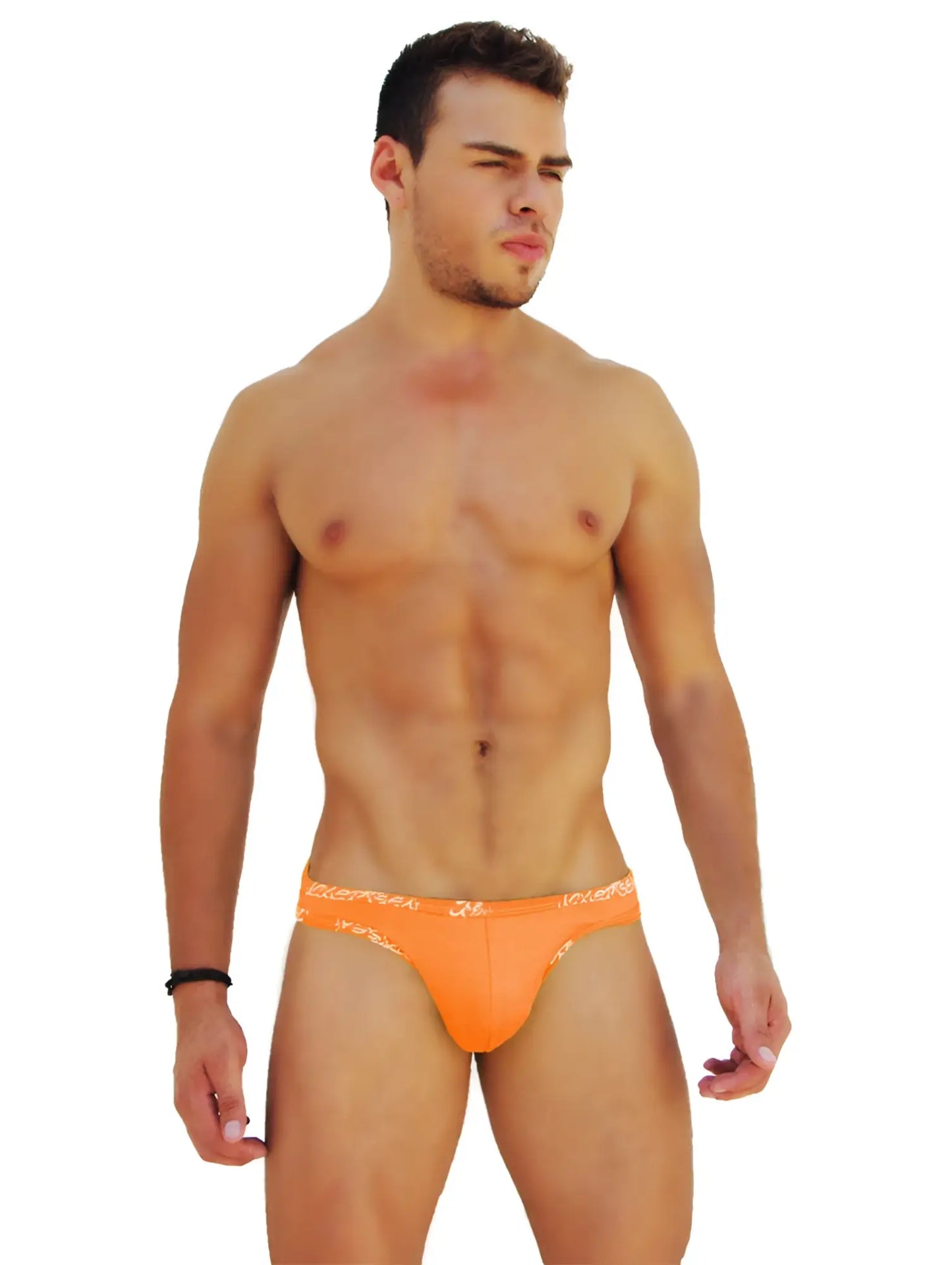 Bright orange icker sea logo trim kiss my ass slip bikini underwear with subtle patterned waistband for swimwear use