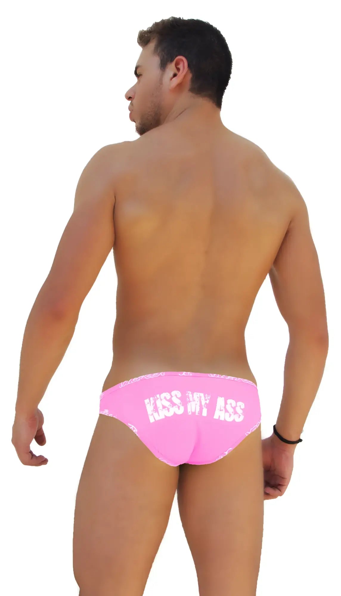 The back side of bright pink icker sea slip bikini underwear with white kiss my ass text and logo trim