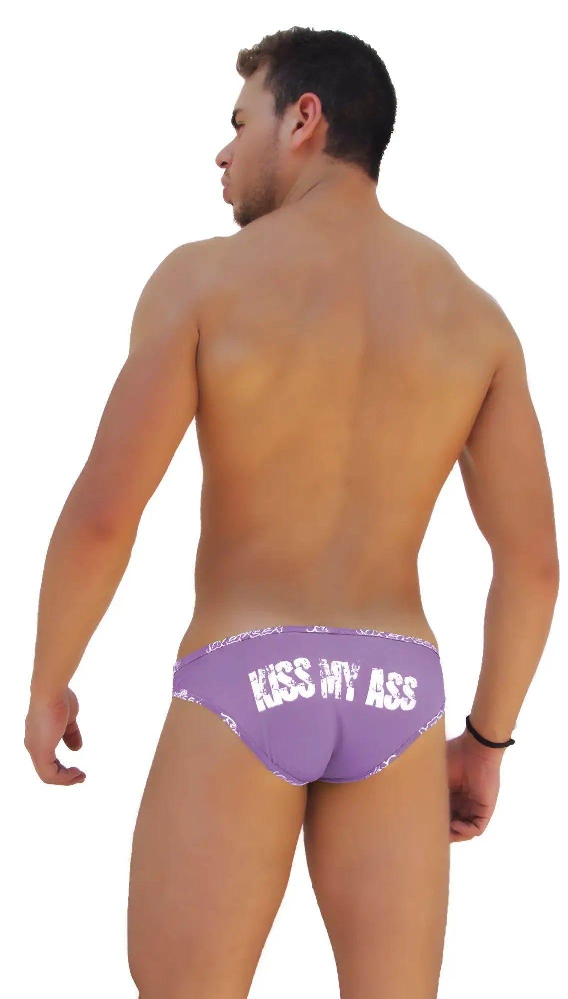 Purple icker sea logo trim kiss my ass slip bikini underwear showing the back with white lace trim and printed text