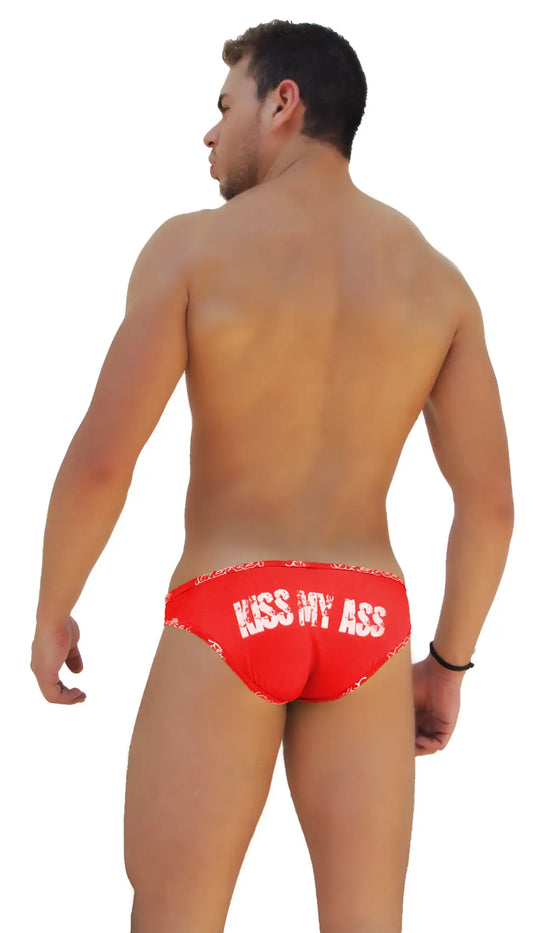 Red slip bikini underwear with kiss my ass text and decorative waistband pattern from icker sea in red