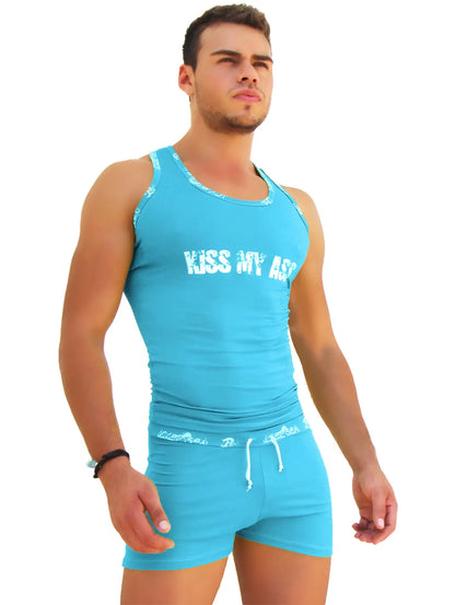 A bright turquoise sleeveless tank top with white icker sea logo trim and a matching drawstring waistband