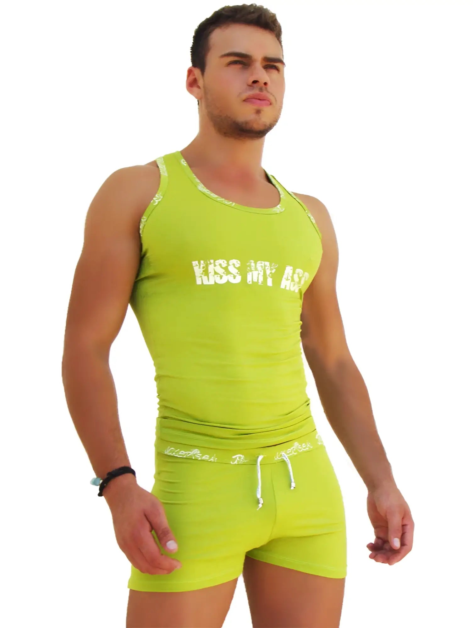 Bright lime green icker sea tank top with white kiss my ass text on the chest for casual wear