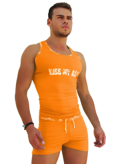 Orange Icker Sea logo trim tank top t shirt with white kiss my ass lettering and trim for casual wear