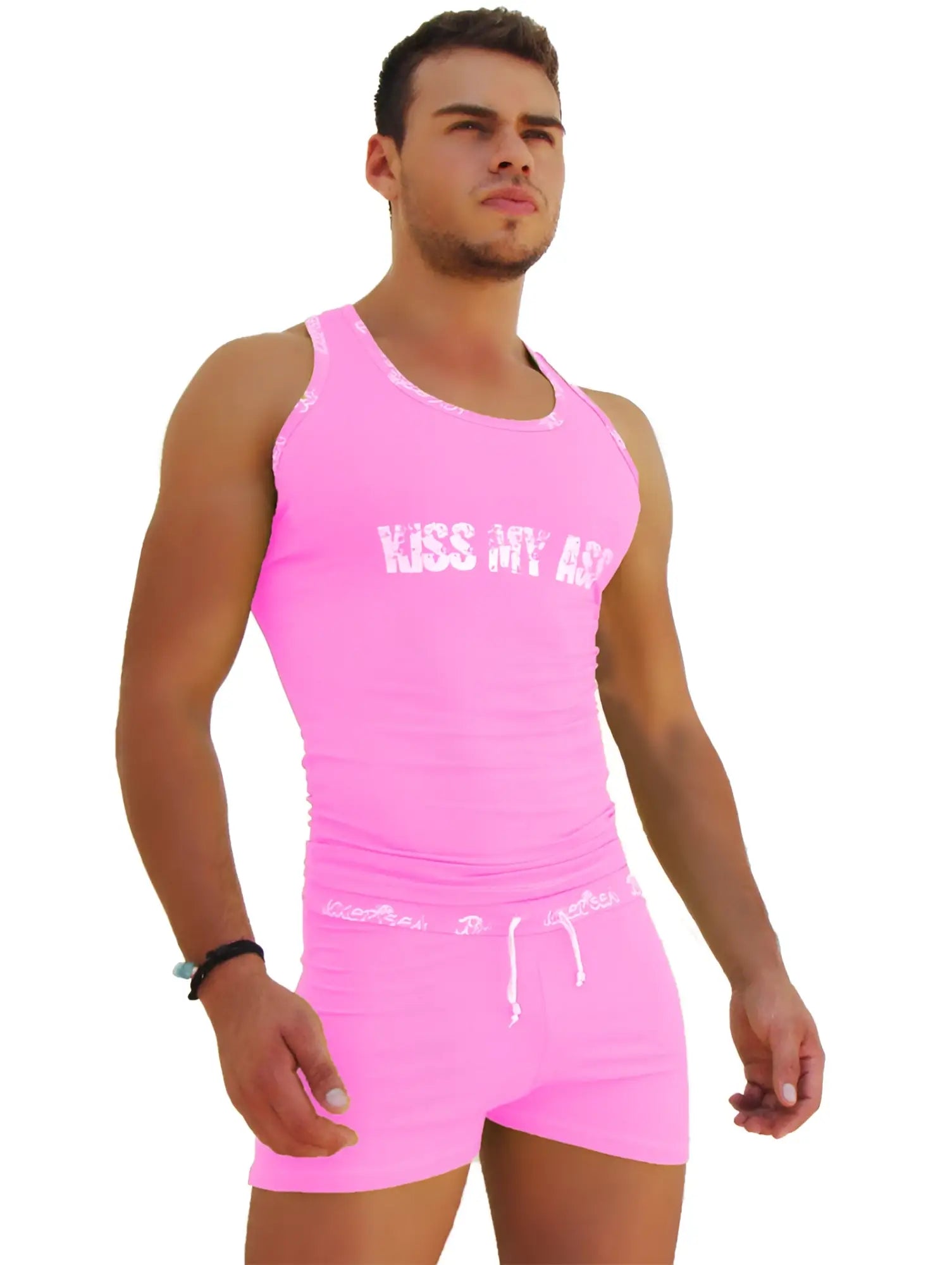 Bright pink icker sea athletic tank top with white kiss my ass text across the chest for casual wear