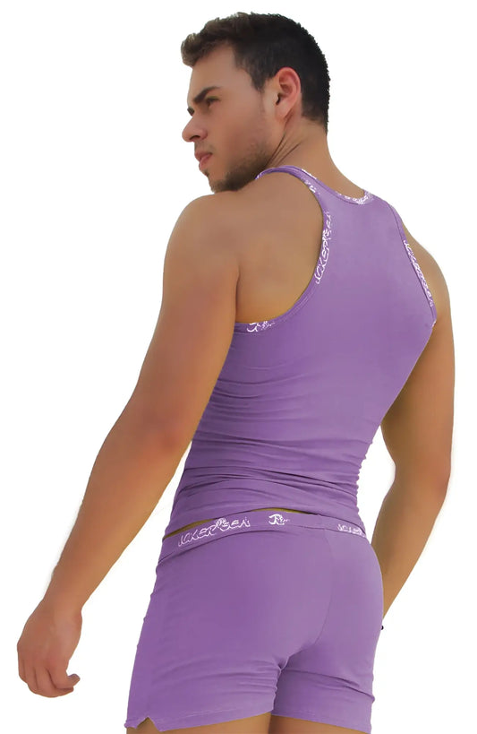 Purple sleeveless tank top with white logo trim on straps and waistband by icker sea for casual wear