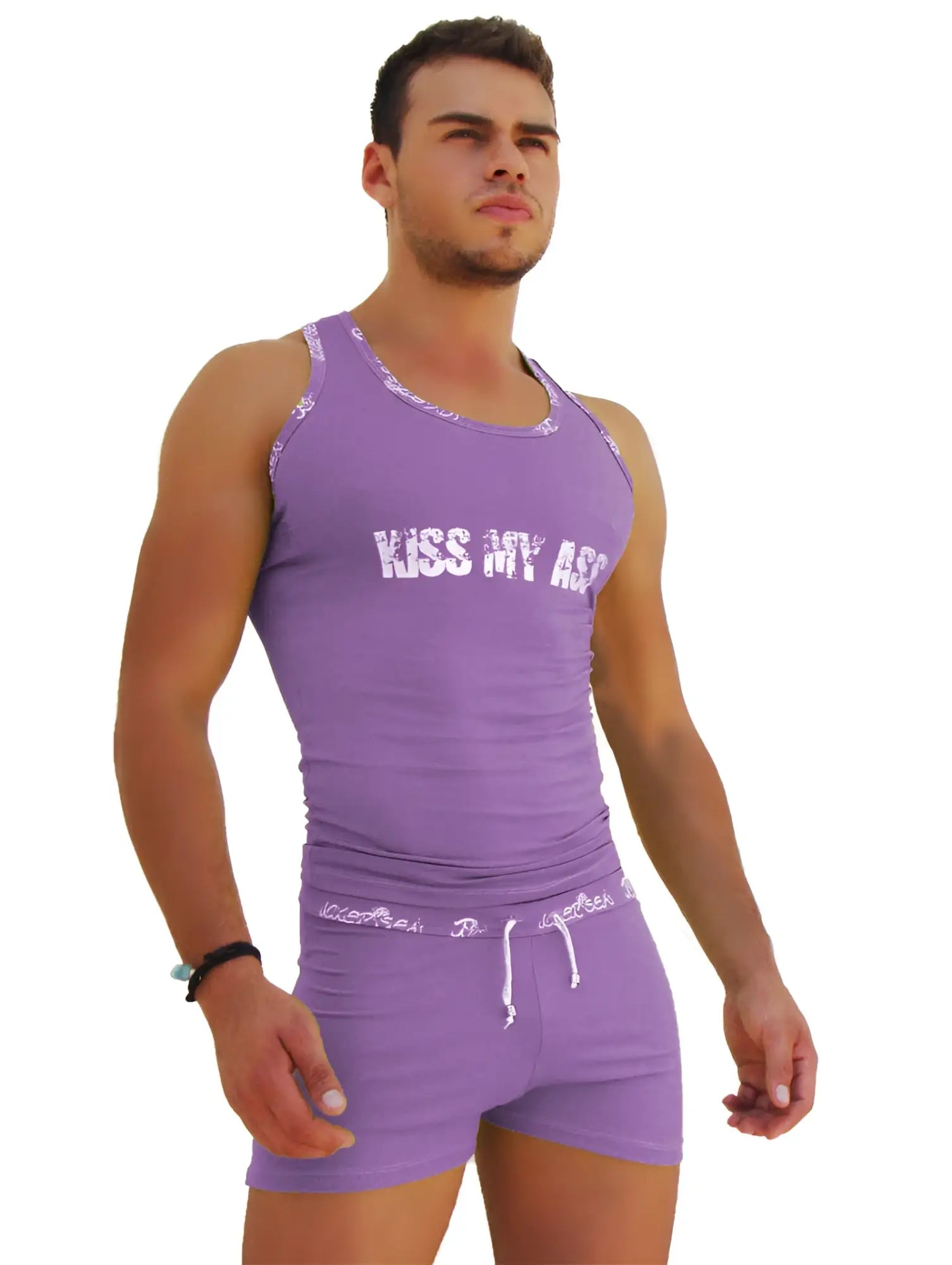 Purple sleeveless tank top with kiss my ass text and matching drawstring shorts from icker sea logo trim collection