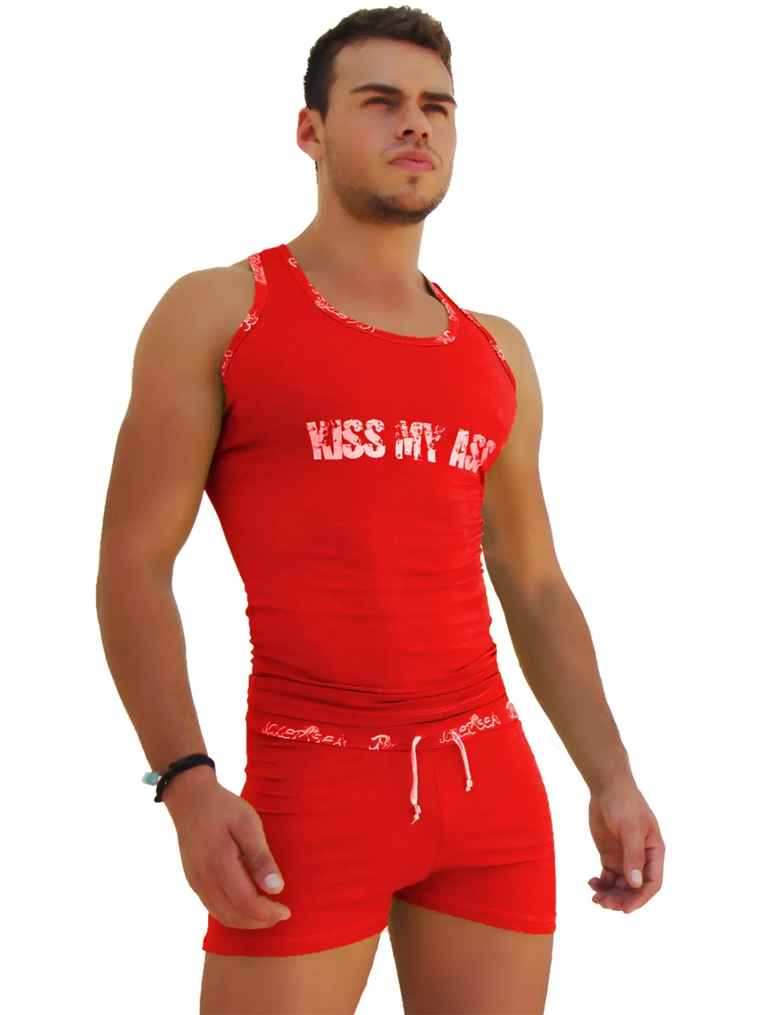 Red icker sea logo trim tank top with kiss my ass white lettering and matching red drawstring shorts