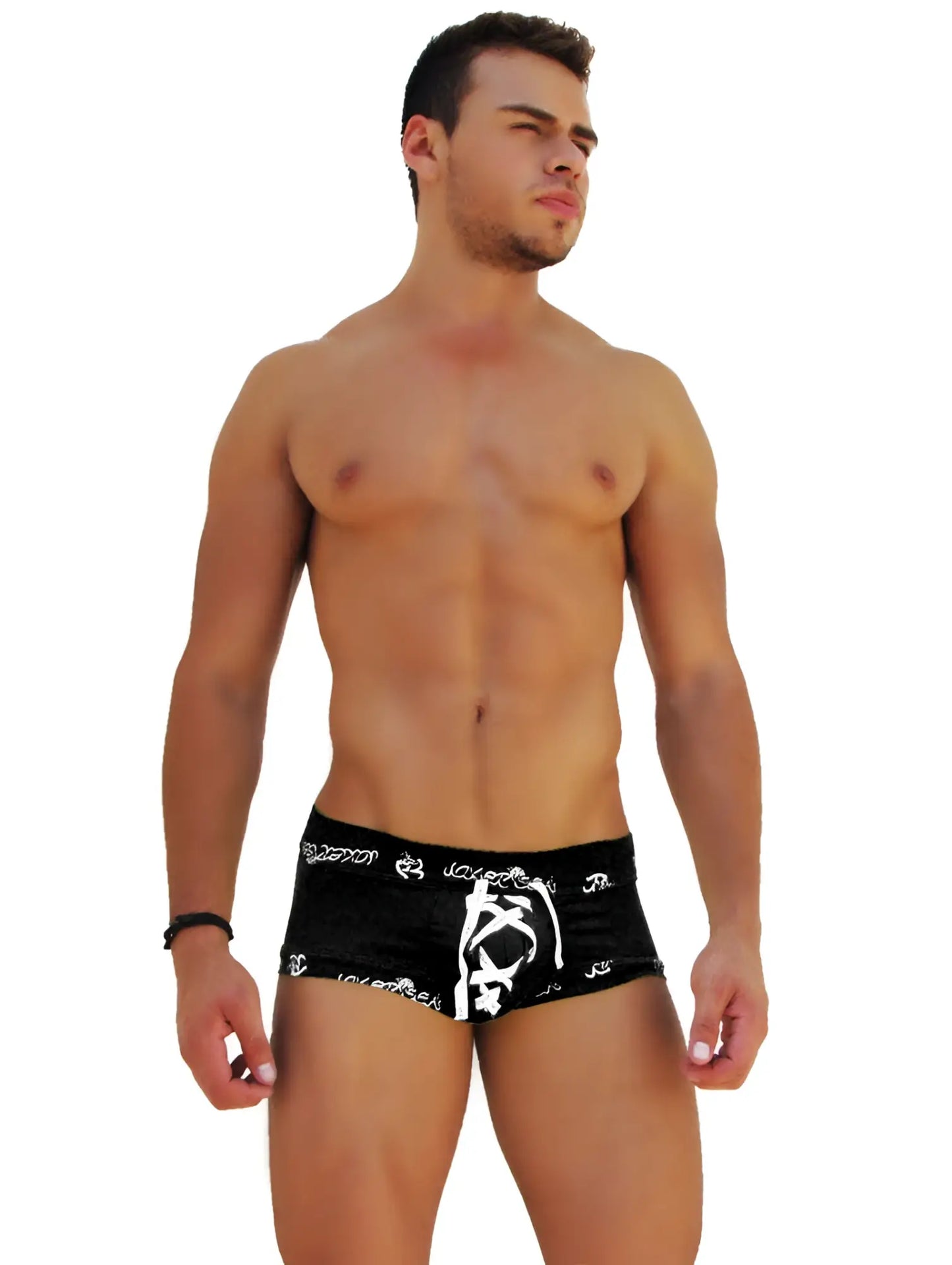 Black icker sea logo trim lace front boxer brief underwear with white skull and crossbones design and waistband text