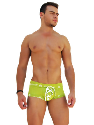 Bright lime green icker sea logo trim lace front boxer brief underwear with white lace-up front and patterned waistband