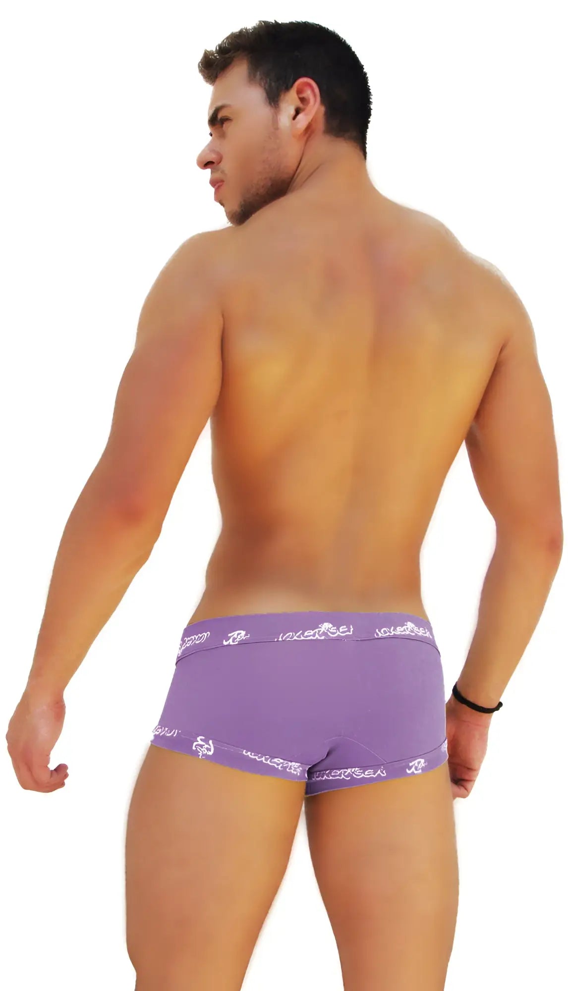 Purple Icker Sea logo trim lace front boxer brief underwear with white logo patterned waistband