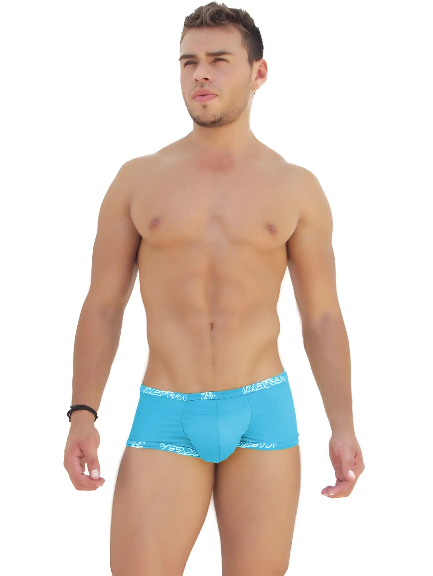Icker Sea logo trim low boxer brief underwear in bright blue with white patterned waistband for comfortable fit