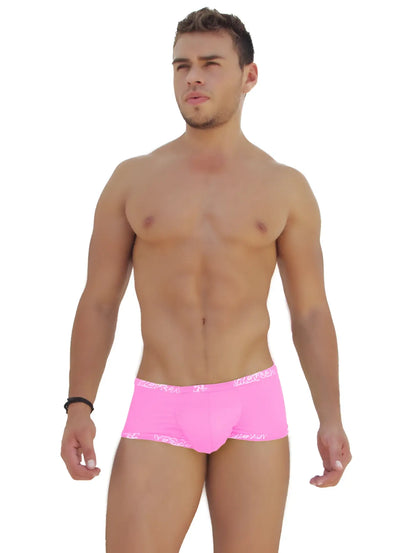 Icker Sea logo trim low boxer brief underwear in bright pink with white patterned waistband and leg opening trim
