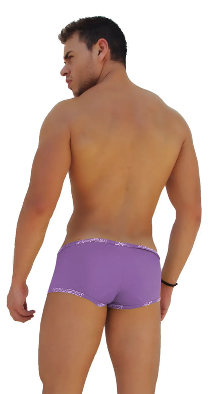 Purple Icker Sea low boxer brief underwear with subtle white logo trim along waistband and leg openings