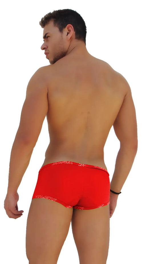 Icker Sea red low boxer brief underwear with a subtle patterned trim along the waistband and leg openings