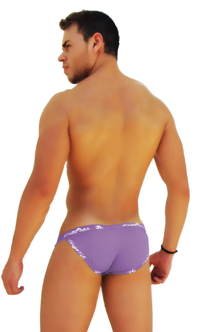 Purple icker sea logo trim microslip bikini underwear for men with white lettering along the waistband