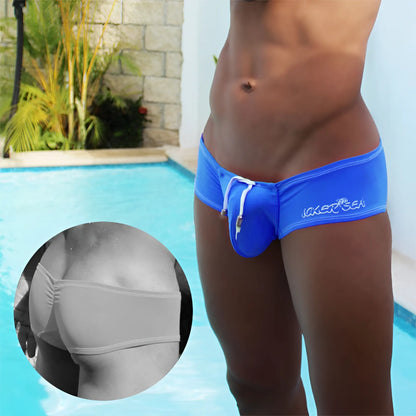 Bright blue jaker sea low rise scrunched back cheeky mini square cut trunks with white drawstring swimwear royal blue