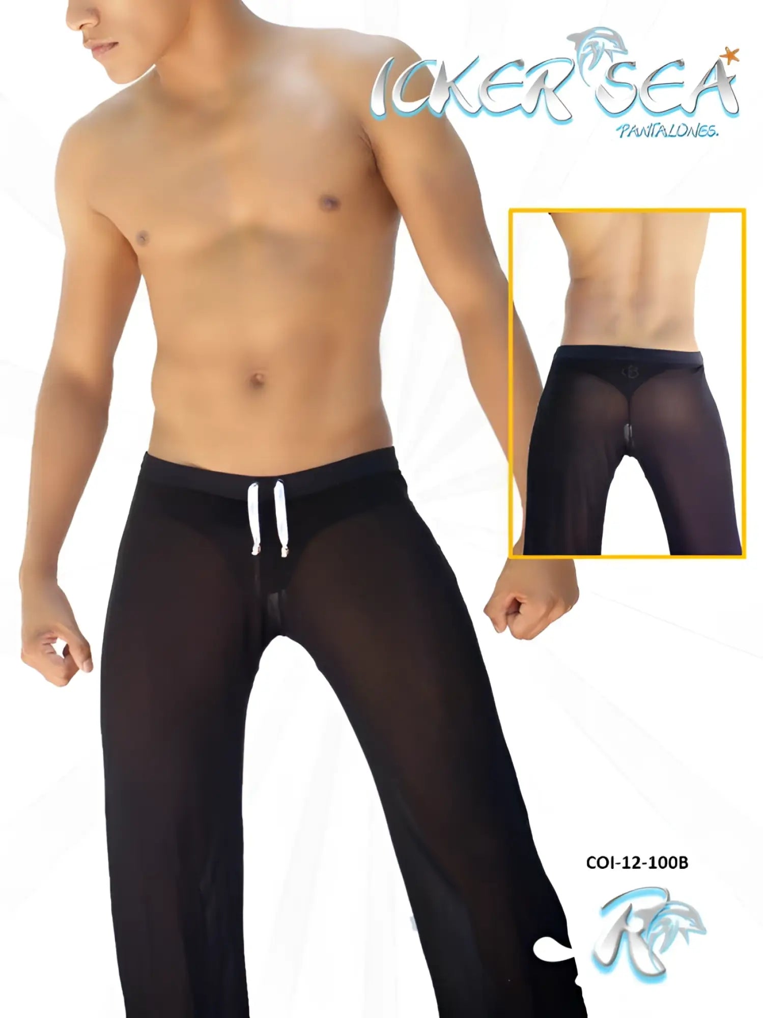 Black sheer mesh beach pantaloons with white drawstrings at the waist from Icker Sea COI-12-100B