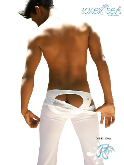 White satin briefs with cutout design and small logo on waistband from icker sea mesh beach pants white COI-12-100W