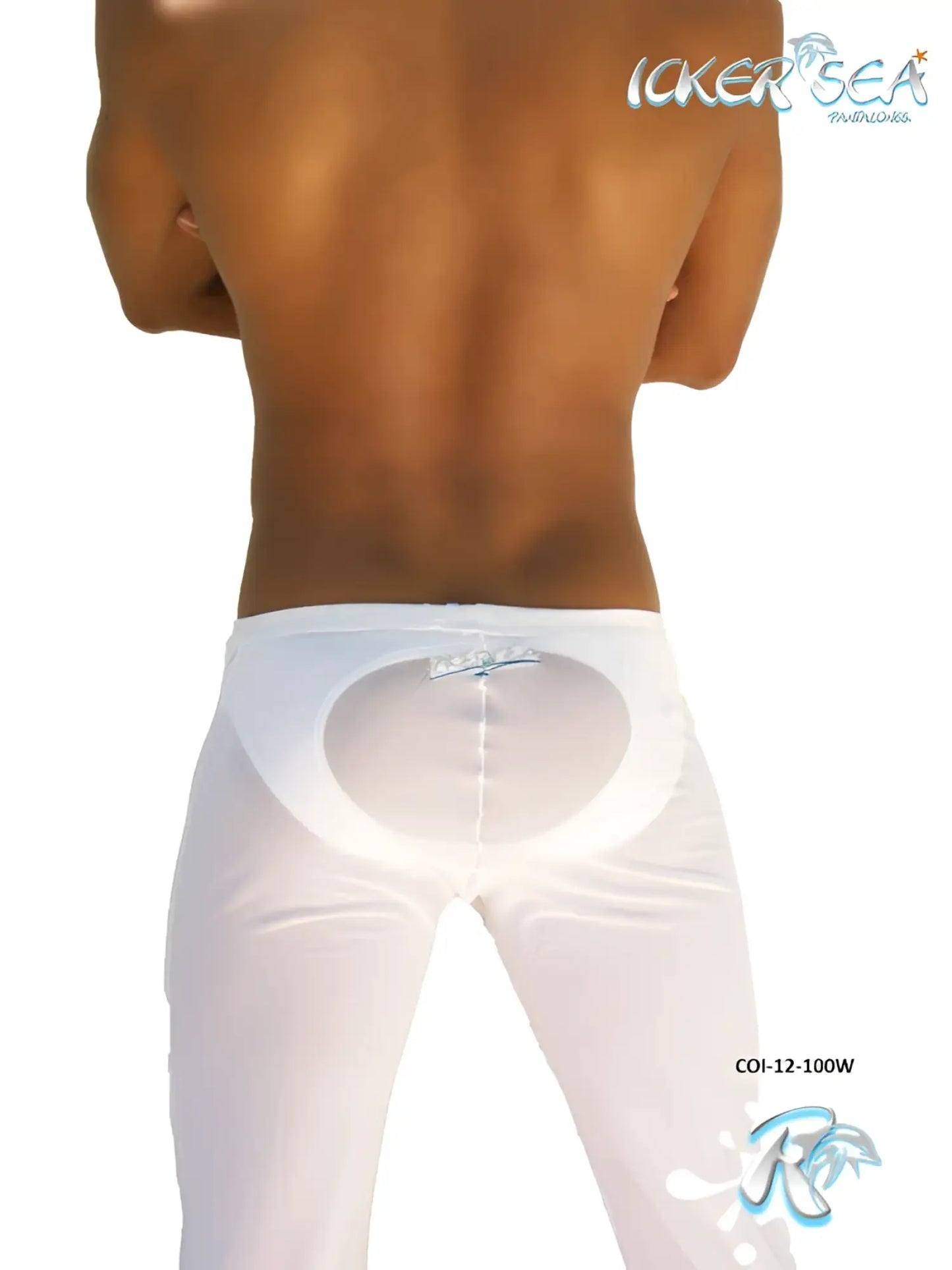 White satin-like icker sea mesh beach pants in white with sheer oval back panel and subtle waistband branding shown from back
