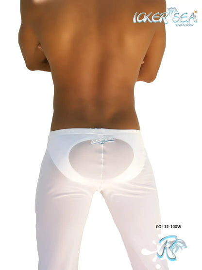 White satin-like icker sea mesh beach pants in white with sheer oval back panel and subtle waistband branding shown from back