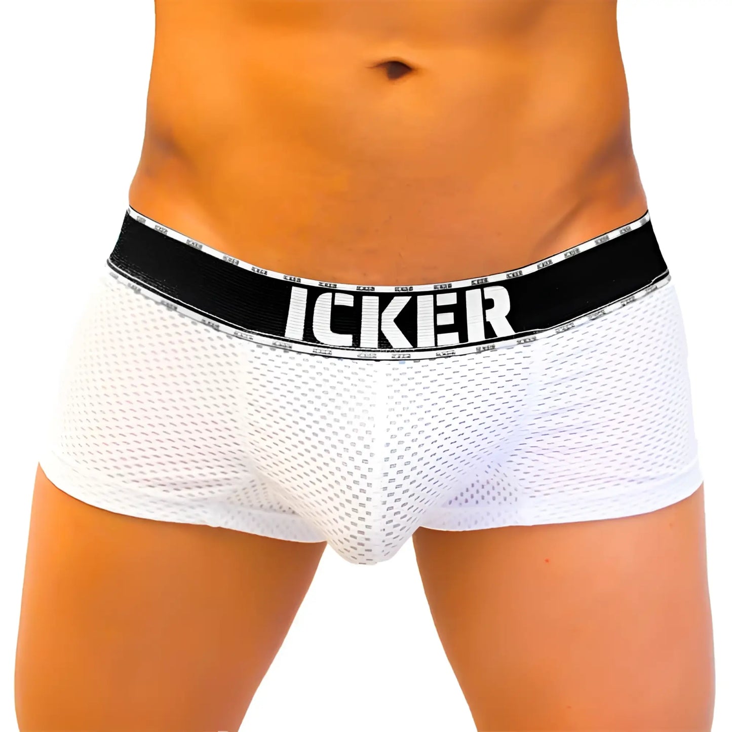 White mesh icker sea mesh contrast boxer briefs with a black waistband featuring bold white icker branding