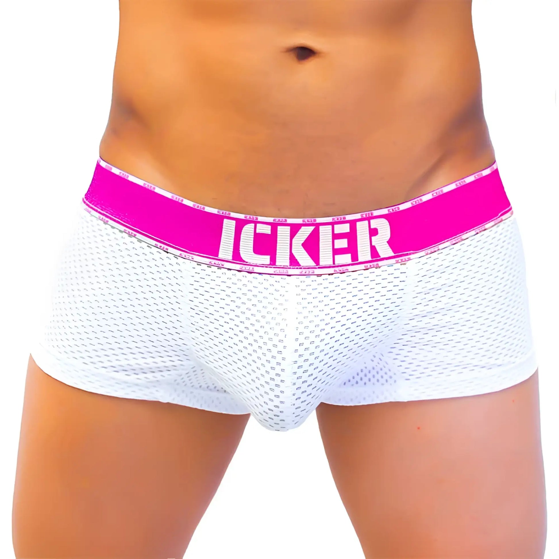 White mesh men’s boxer brief underwear with bright fuchsia waistband and icker brand name in bold white letters