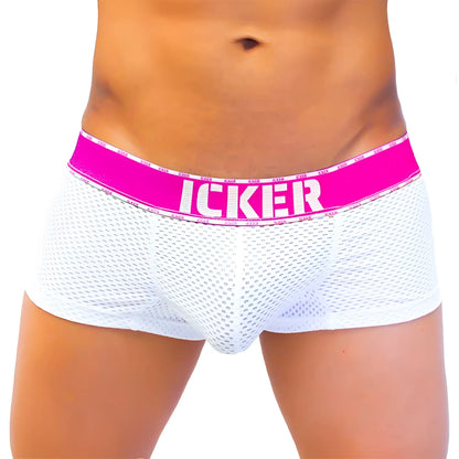 White mesh men’s boxer brief underwear with bright fuchsia waistband and icker brand name in bold white letters