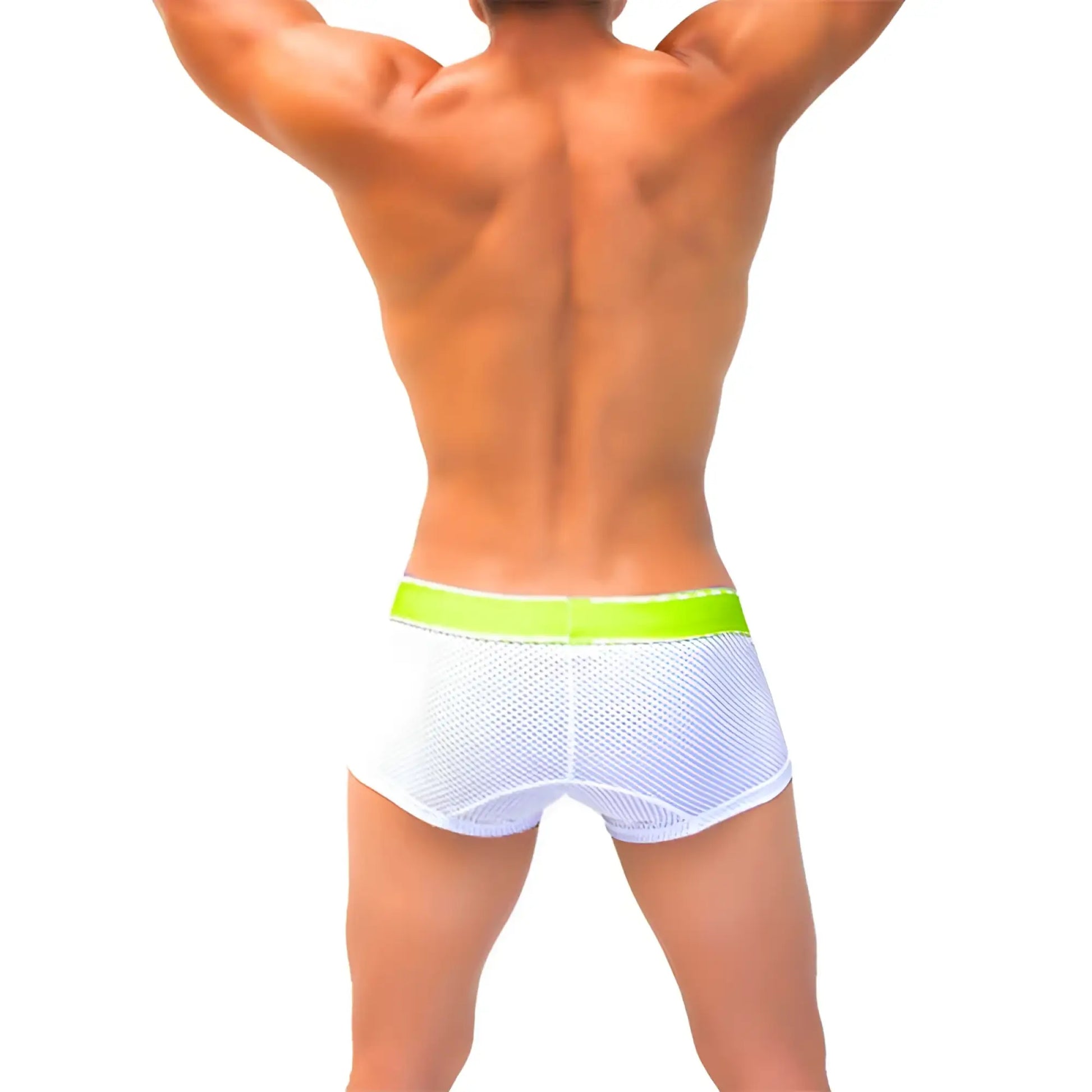 Icker sea mesh contrast boxer brief underwear in white mesh with a bright lime green waistband green COI-22-04