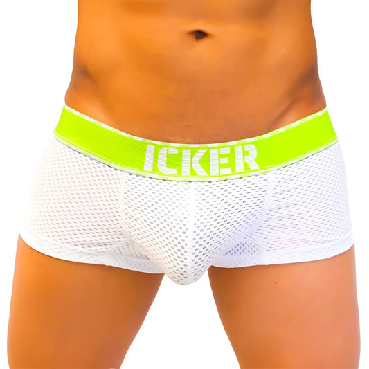 Icker sea mesh contrast boxer brief underwear green with white mesh and bright lime green waistband with icker logo