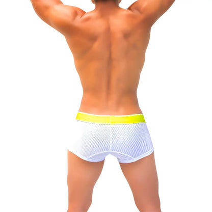 White mesh boxer briefs with a bright yellow mango waistband from icker sea COI-22-04 collection