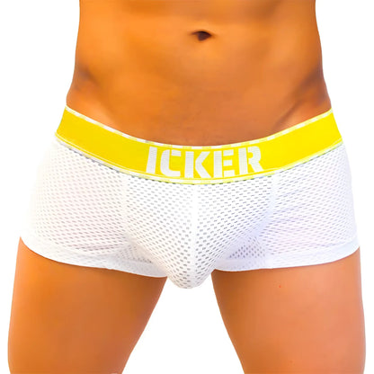 White mesh men’s briefs with bright yellow waistband featuring icker branding in mango sea mesh contrast boxer brief underwear