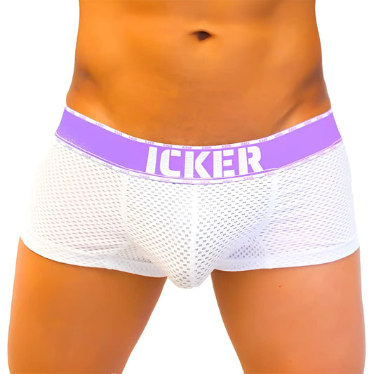 White mesh icker sea mesh contrast boxer brief underwear with purple waistband and white lettering
