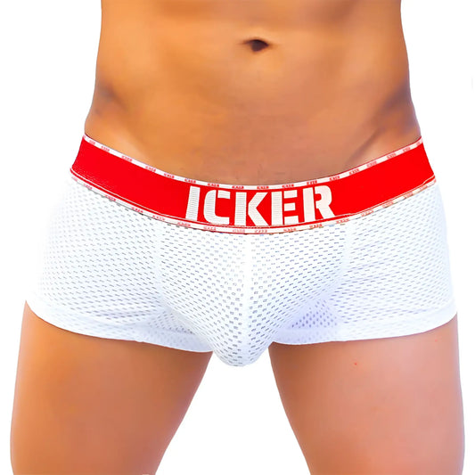 Icker sea mesh contrast boxer brief underwear in white mesh with a bold red waistband and branded logo
