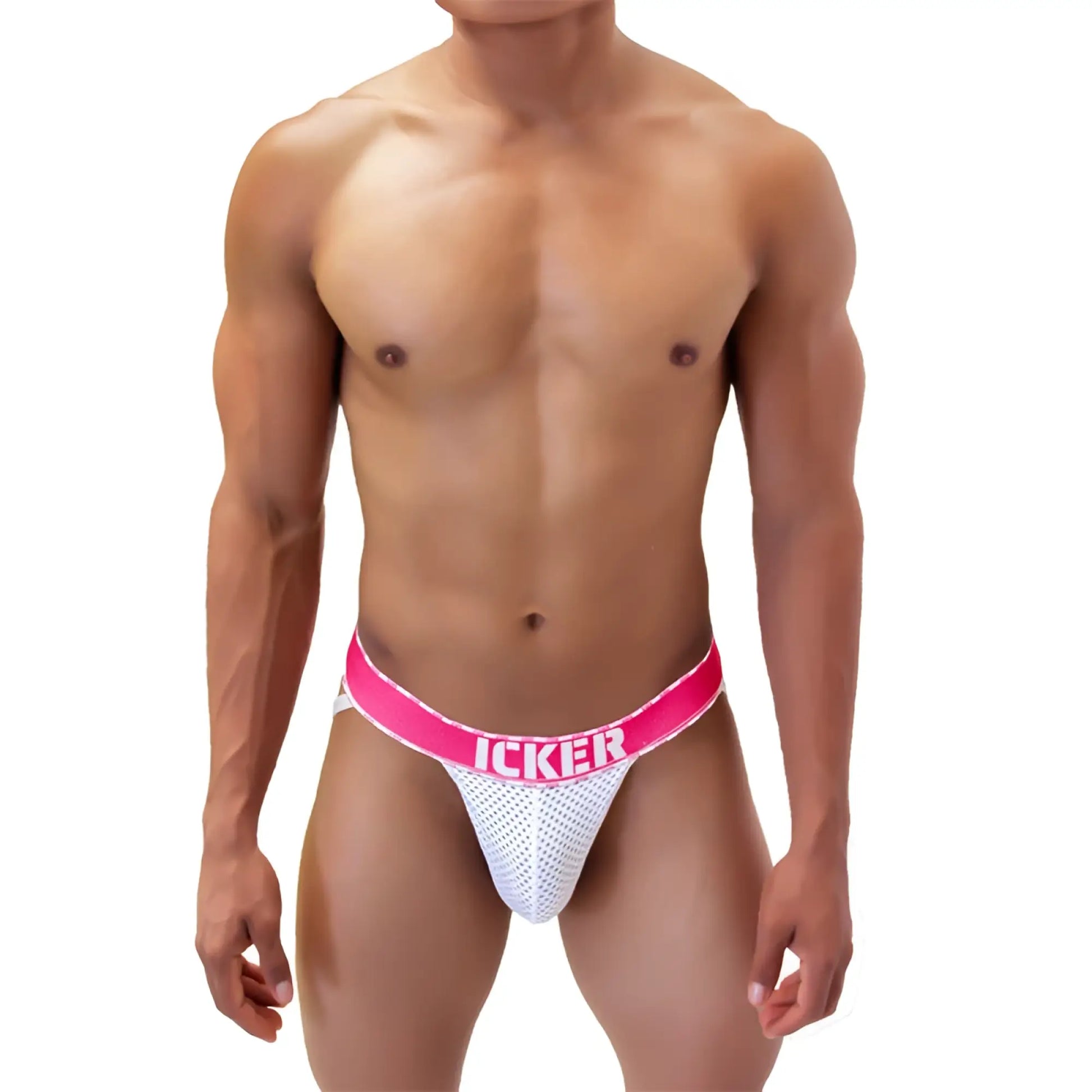 White mesh jockstrap with bright pink waistband featuring icker logo from icker sea mesh contrast jock strap underwear fuchsia