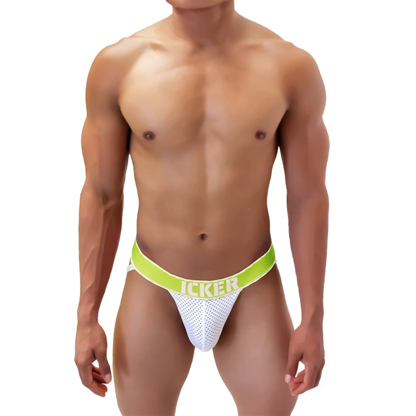 White mesh jockstrap with bright lime green icker waistband in bold white letters icker sea mesh contrast jock strap underwear