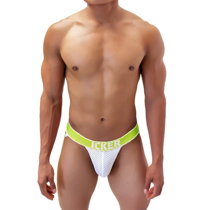 White mesh jockstrap with bright lime green icker waistband in bold white letters icker sea mesh contrast jock strap underwear