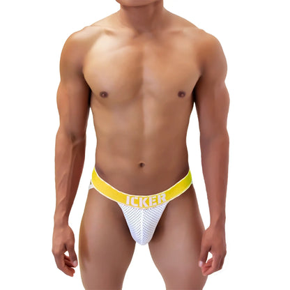 White mesh jockstrap with bright yellow waistband and icker branding in bold white letters for underwear use