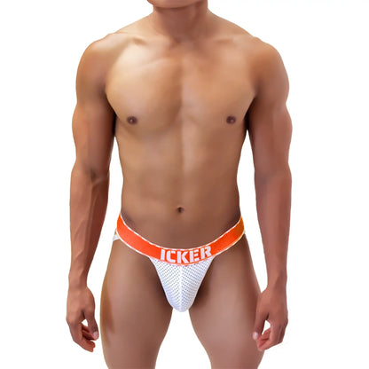 White mesh athletic brief with bold orange waistband featuring icker branding in the icker sea mesh contrast jock strap underwear
