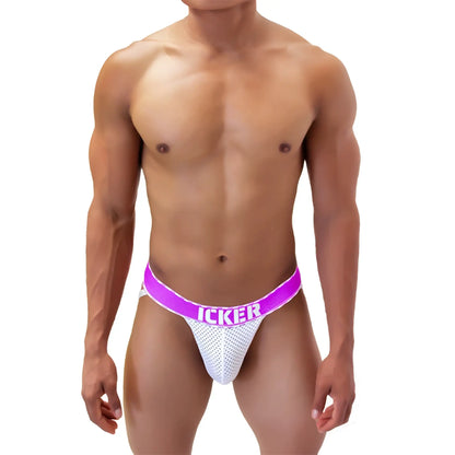 White mesh jockstrap with vibrant purple waistband featuring icker branding in bold white lettering COI-21-06