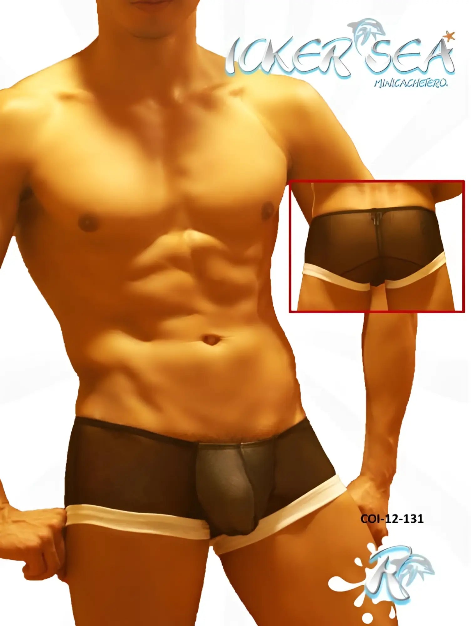 Icker Sea black mesh mini boxer briefs with white trim and central black leather-like pouch for men